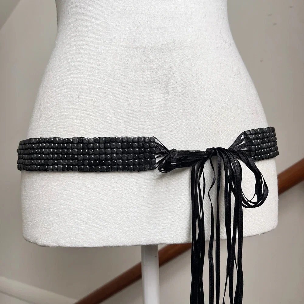 Vintage Beaded Waist Belt One Size Black Wood Cube Tie Closure Boho Western Goth